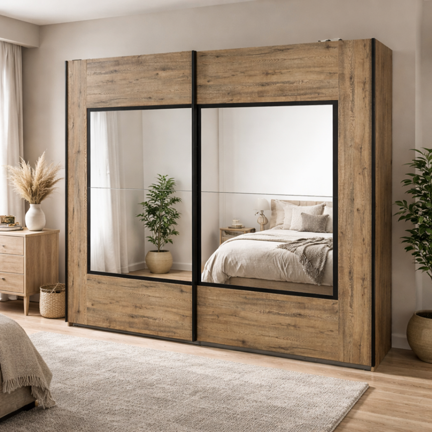 Houten schuifdeurkledingkast met grote spiegels in slaapkamer