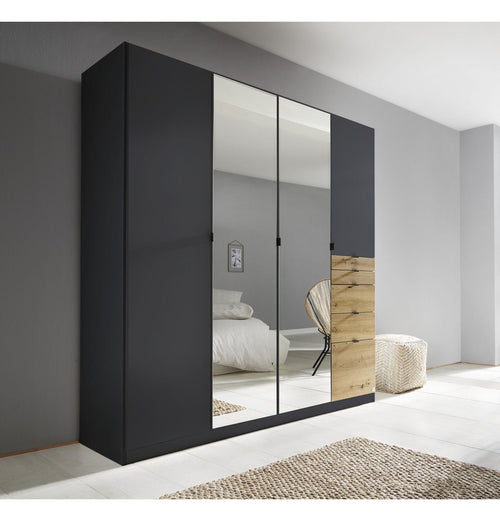 Armoire garde-robe 4 portes anthracite avec miroirs et accents bois