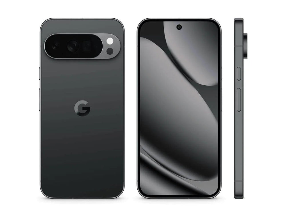 Google Pixel 10 Obsidian — vue avant, arrière et profil