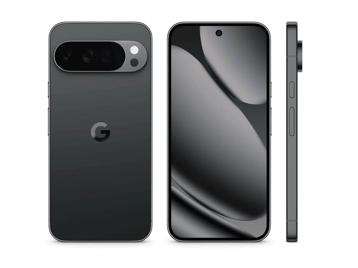 Google Pixel 10 Obsidian — vue avant, arrière et profil