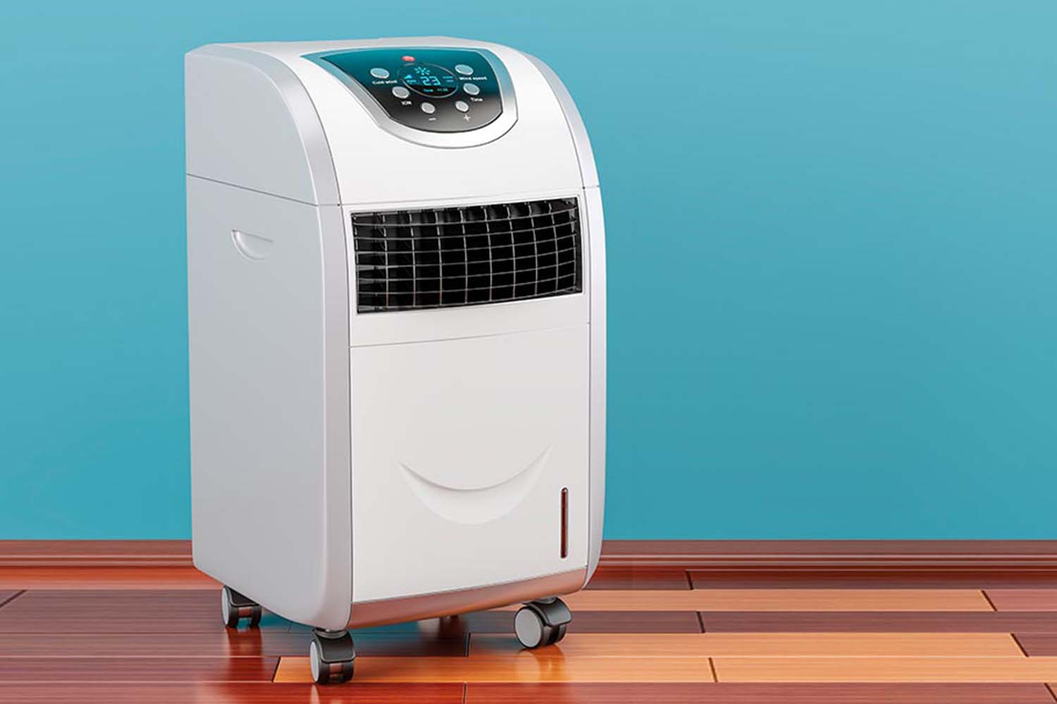 Refroidisseur d'air portable blanc sur roulettes avec panneau de commande digital